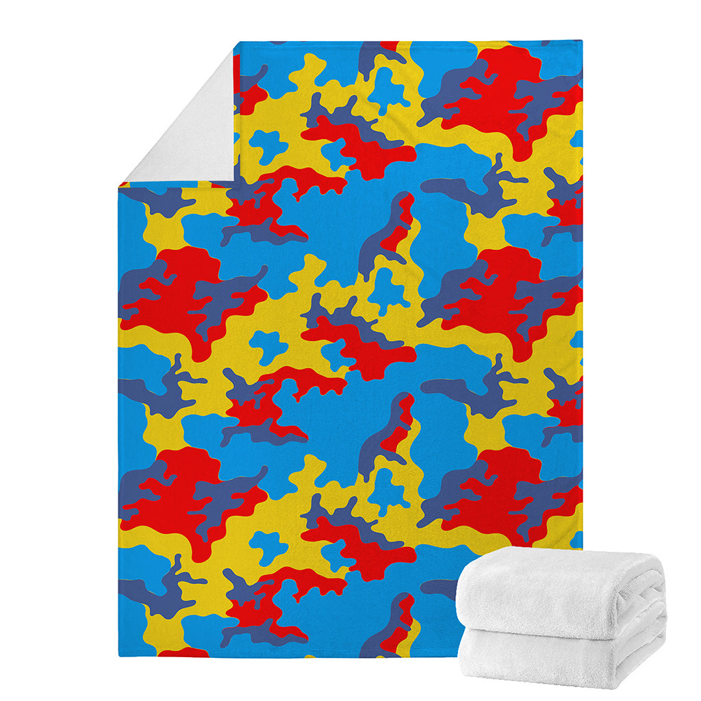 Red Yellow And Blue Camouflage Print Blanket