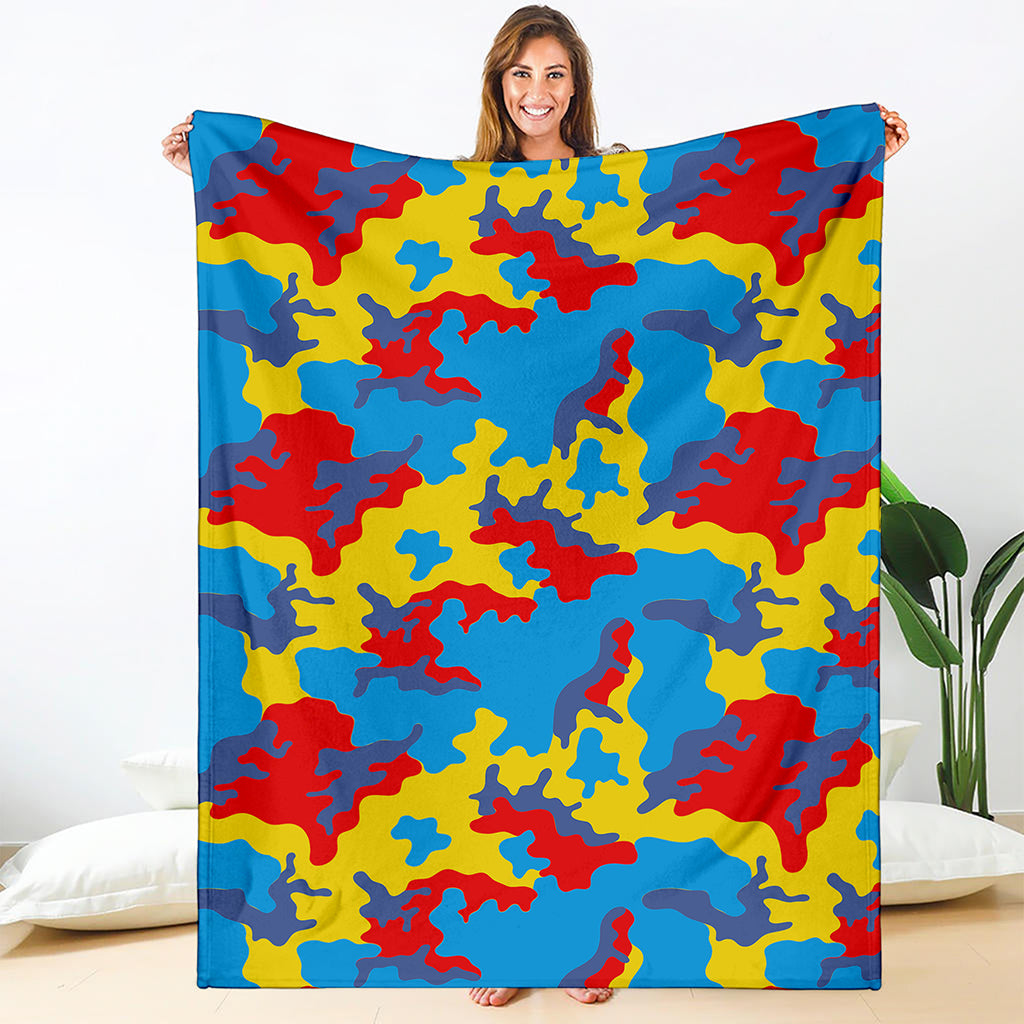 Red Yellow And Blue Camouflage Print Blanket