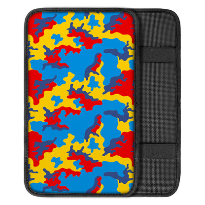 Red Yellow And Blue Camouflage Print Car Center Console Cover