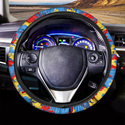 Red Yellow And Blue Camouflage Print Car Steering Wheel Cover