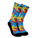 Red Yellow And Blue Camouflage Print Crew Socks