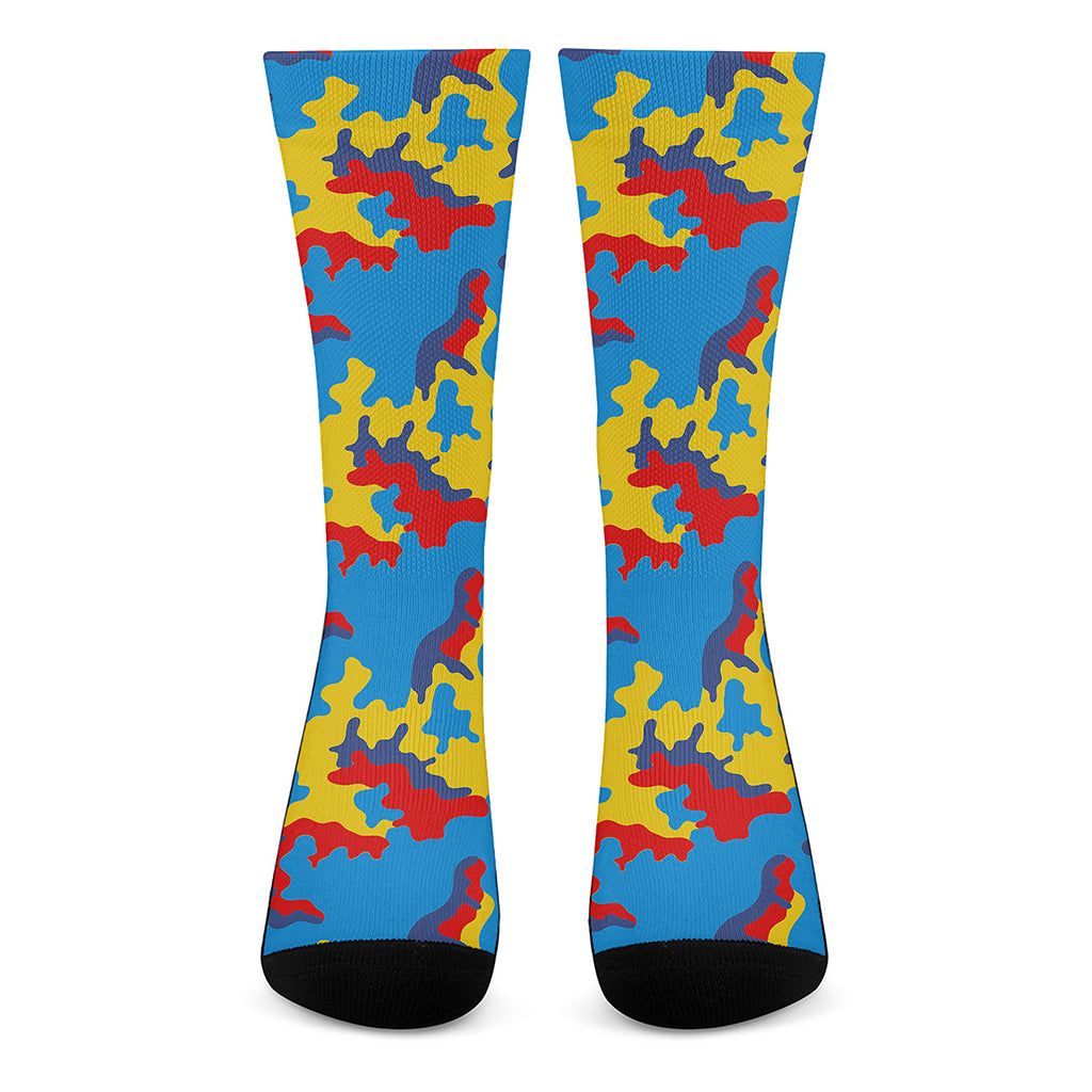 Red Yellow And Blue Camouflage Print Crew Socks