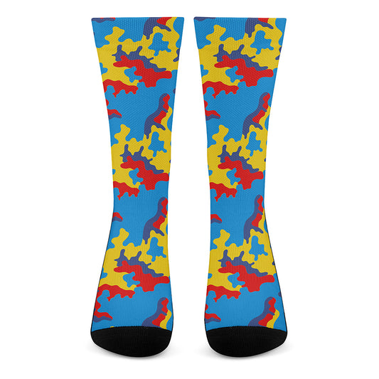Red Yellow And Blue Camouflage Print Crew Socks