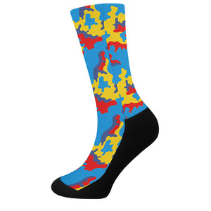 Red Yellow And Blue Camouflage Print Crew Socks