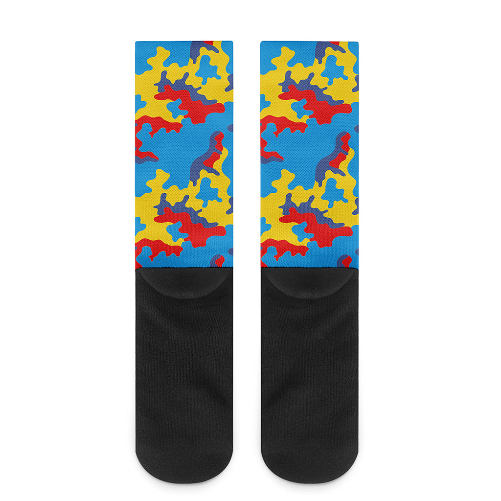 Red Yellow And Blue Camouflage Print Crew Socks