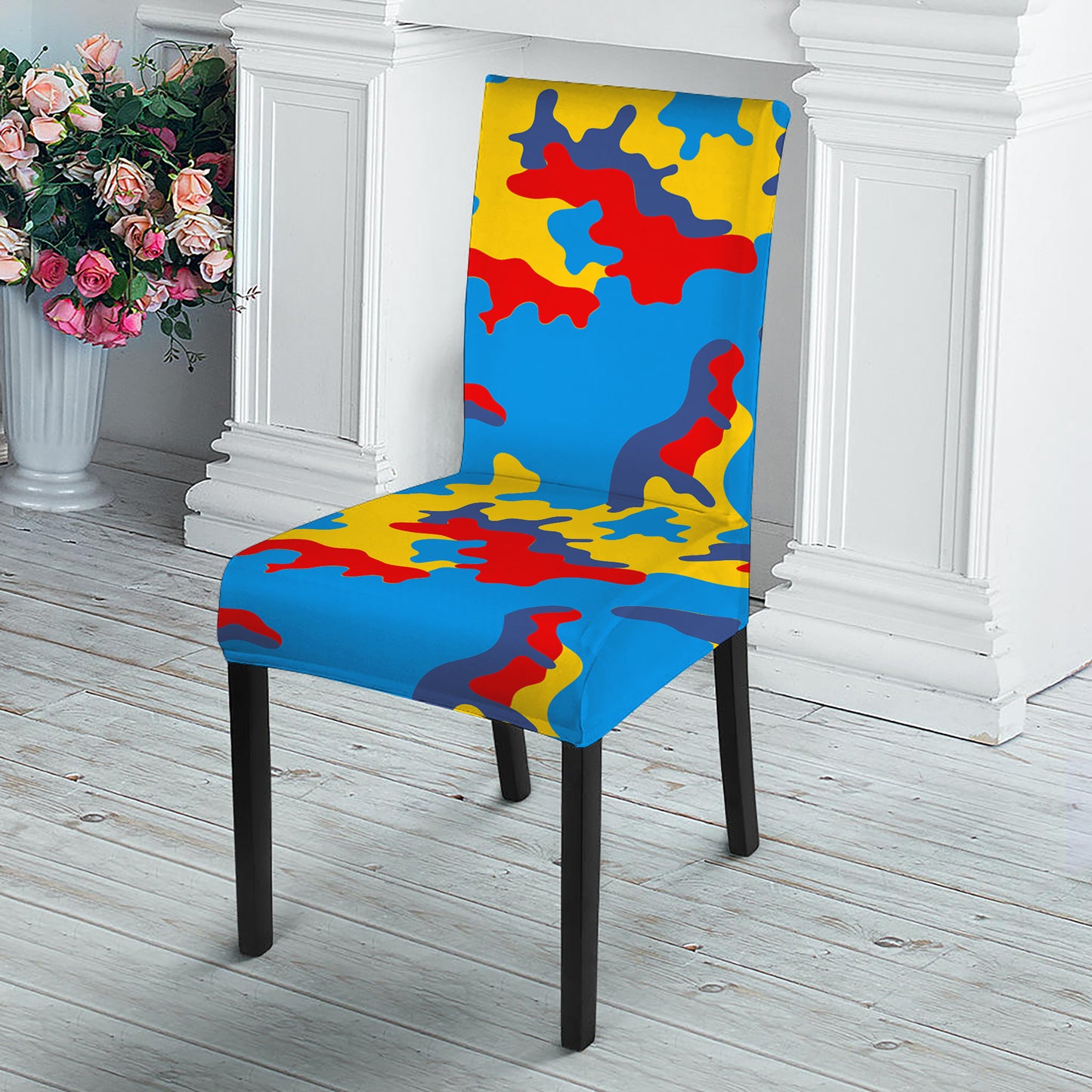 Red Yellow And Blue Camouflage Print Dining Chair Slipcover