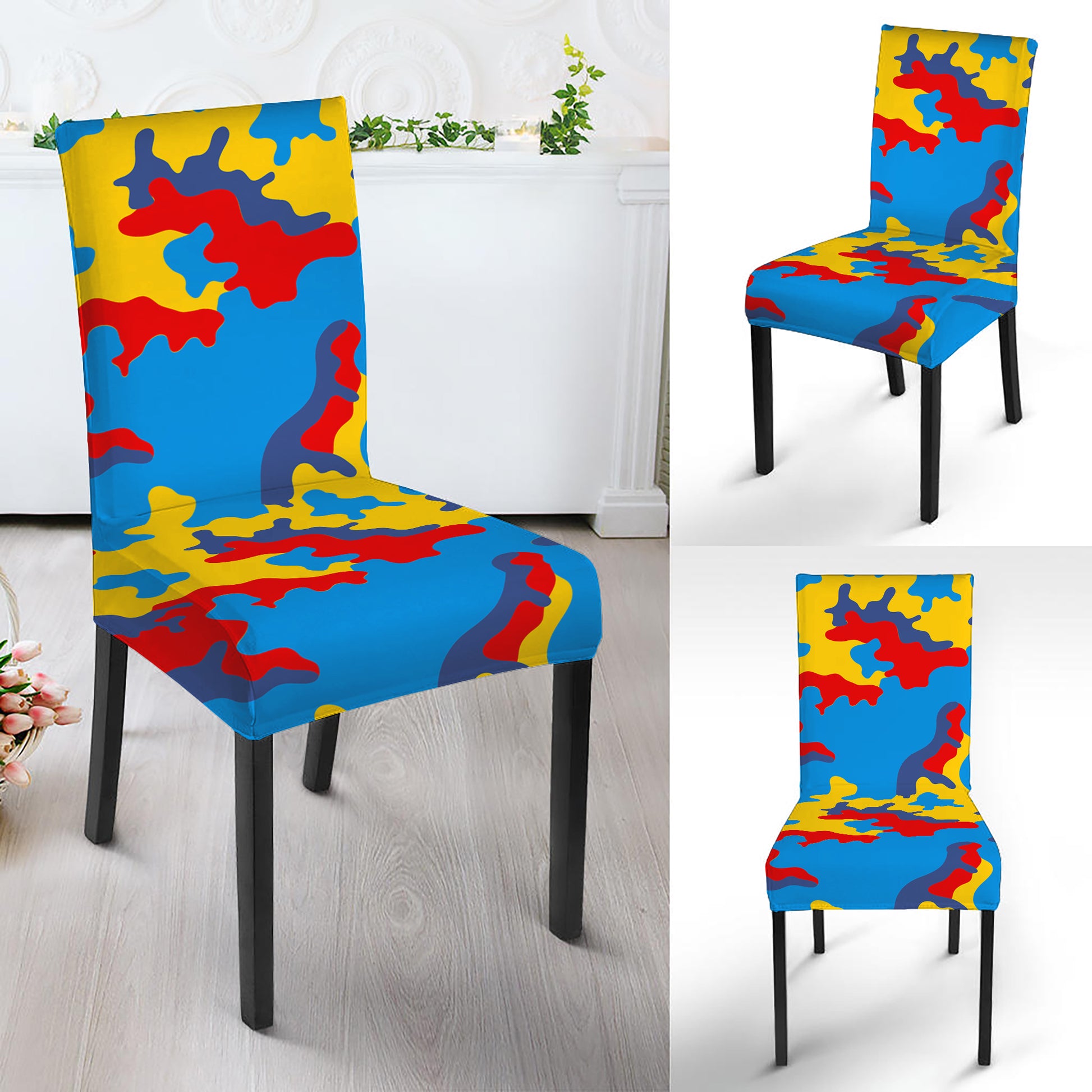 Red Yellow And Blue Camouflage Print Dining Chair Slipcover