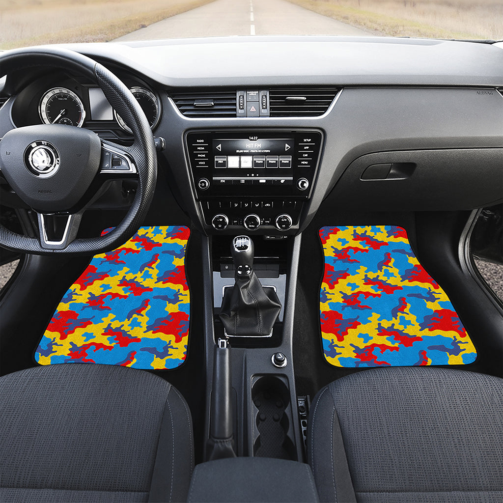 Red Yellow And Blue Camouflage Print Front and Back Car Floor Mats