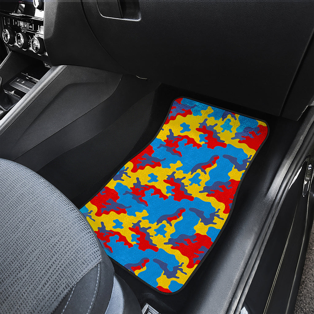 Red Yellow And Blue Camouflage Print Front and Back Car Floor Mats