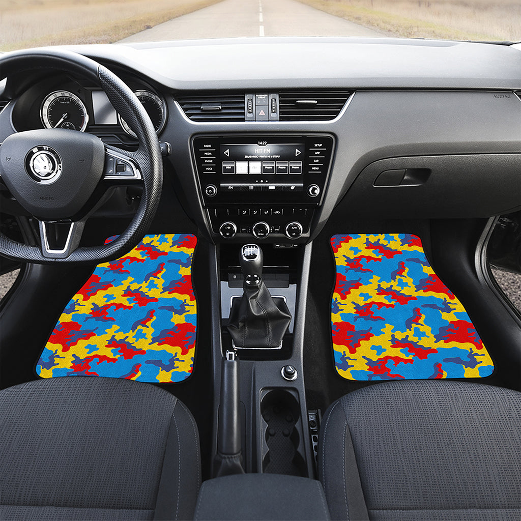 Red Yellow And Blue Camouflage Print Front Car Floor Mats