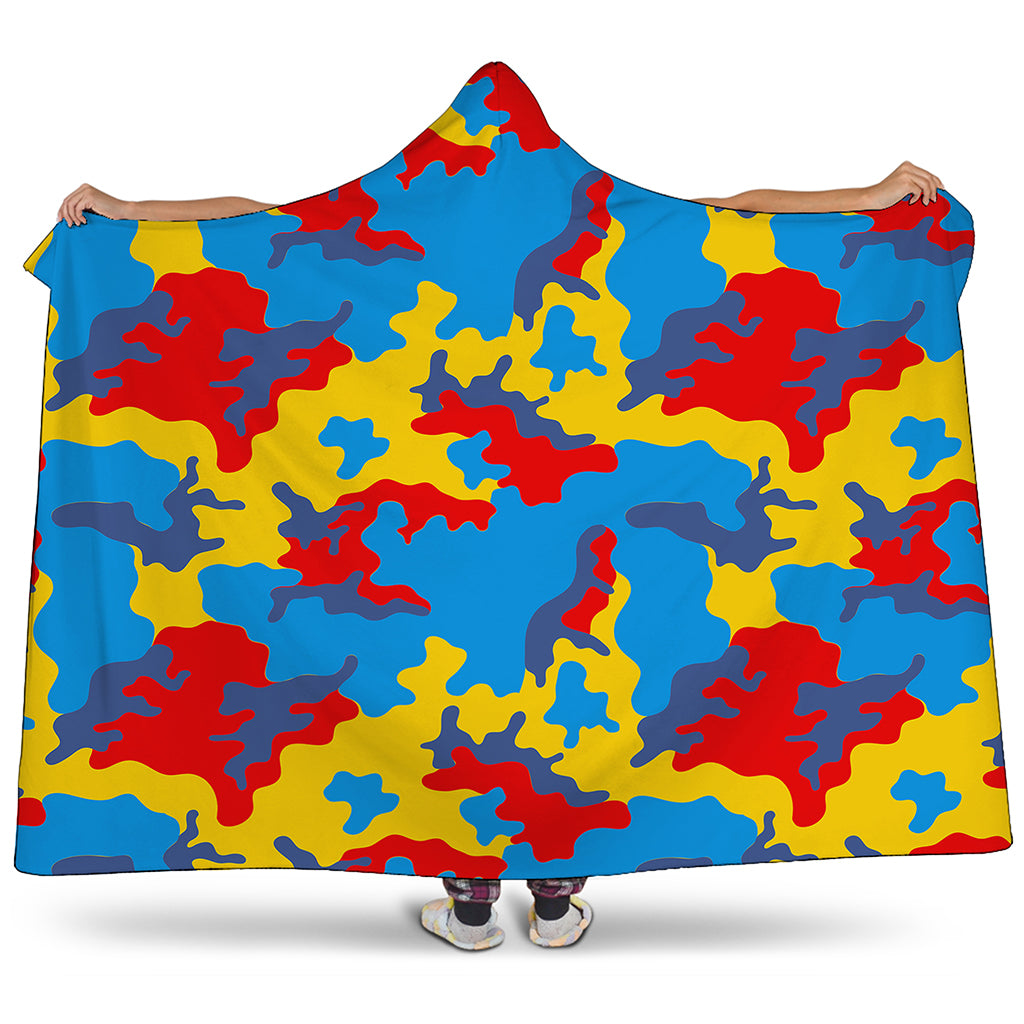 Red Yellow And Blue Camouflage Print Hooded Blanket