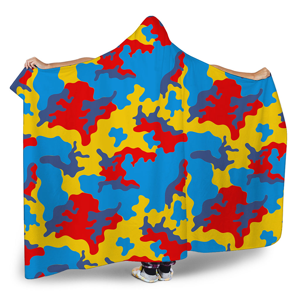 Red Yellow And Blue Camouflage Print Hooded Blanket