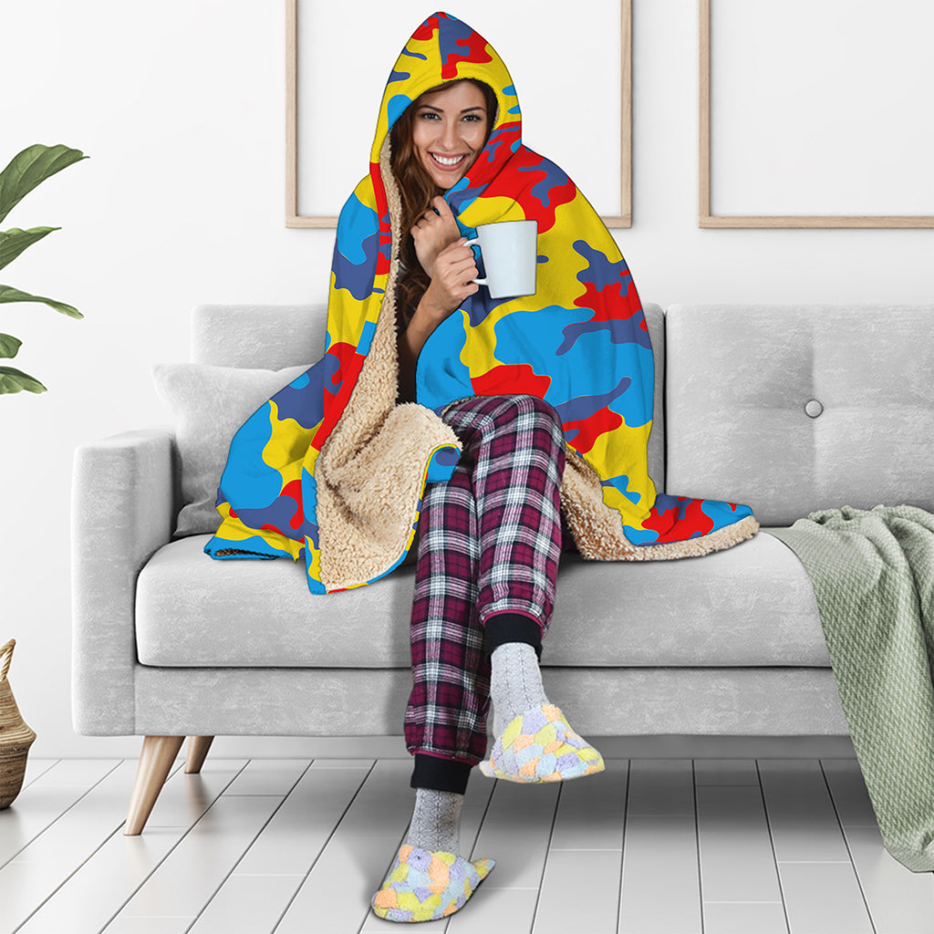 Red Yellow And Blue Camouflage Print Hooded Blanket