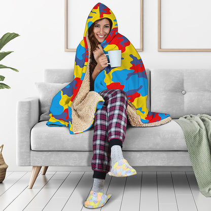 Red Yellow And Blue Camouflage Print Hooded Blanket
