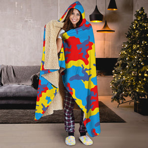 Red Yellow And Blue Camouflage Print Hooded Blanket