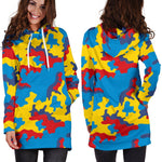 Red Yellow And Blue Camouflage Print Hoodie Dress GearFrost