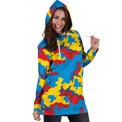 Red Yellow And Blue Camouflage Print Hoodie Dress GearFrost