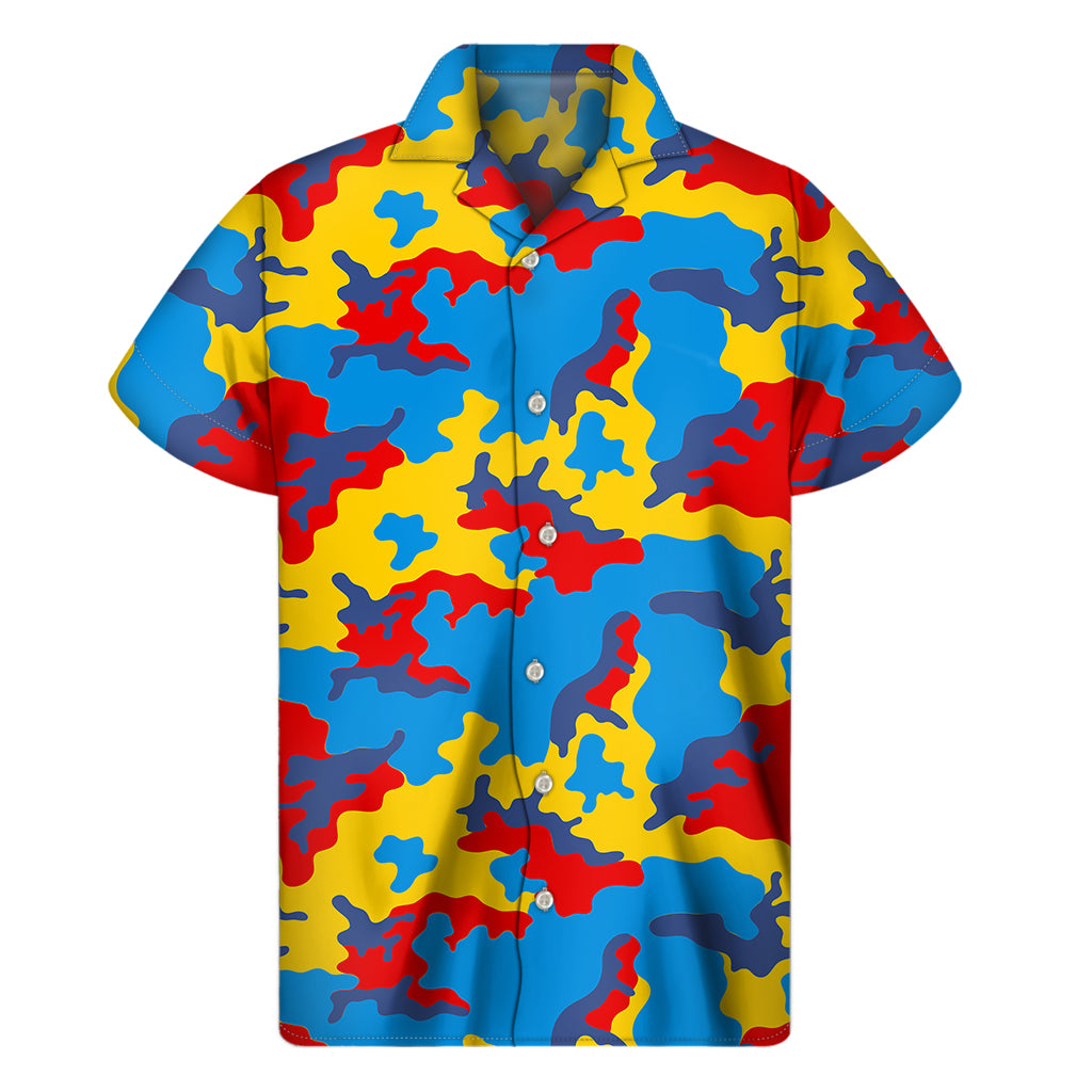 Red Yellow And Blue Camouflage Print Men's Short Sleeve Shirt