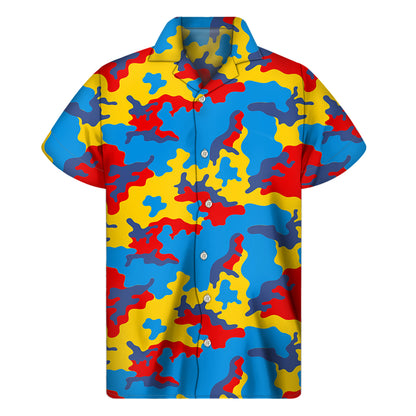 Red Yellow And Blue Camouflage Print Men's Short Sleeve Shirt