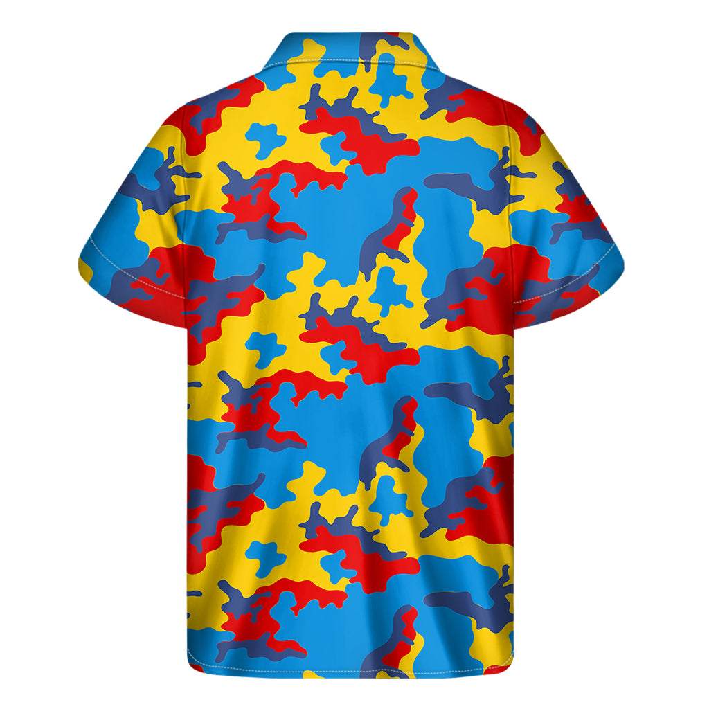 Red Yellow And Blue Camouflage Print Men's Short Sleeve Shirt