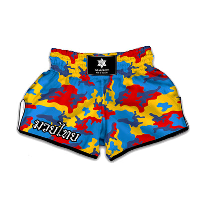 Red Yellow And Blue Camouflage Print Muay Thai Boxing Shorts