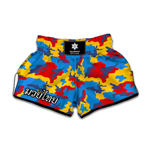 Red Yellow And Blue Camouflage Print Muay Thai Boxing Shorts