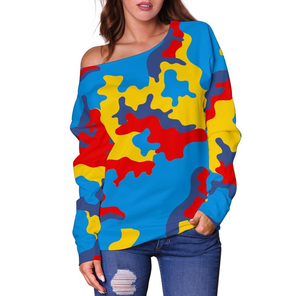 Red Yellow And Blue Camouflage Print Off Shoulder Sweatshirt GearFrost