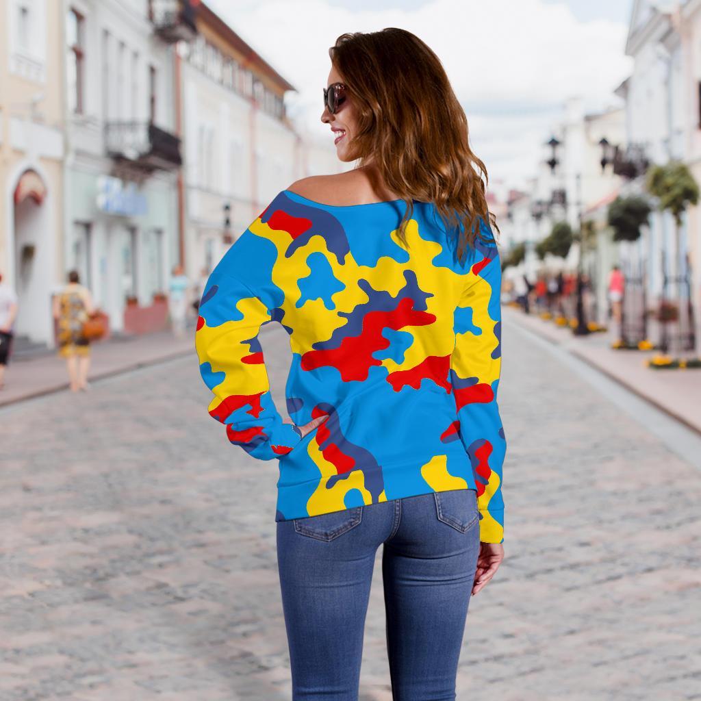 Red Yellow And Blue Camouflage Print Off Shoulder Sweatshirt GearFrost
