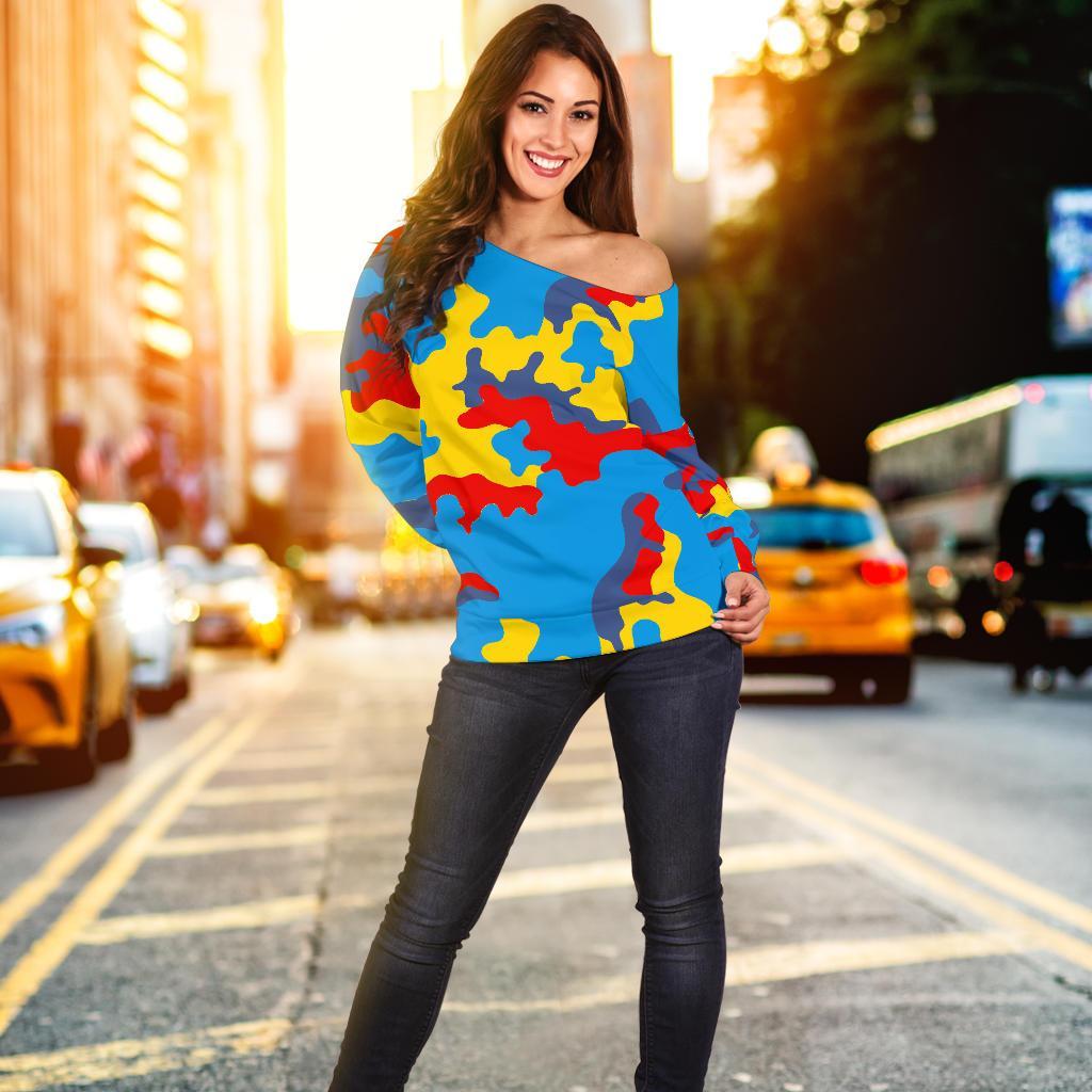 Red Yellow And Blue Camouflage Print Off Shoulder Sweatshirt GearFrost
