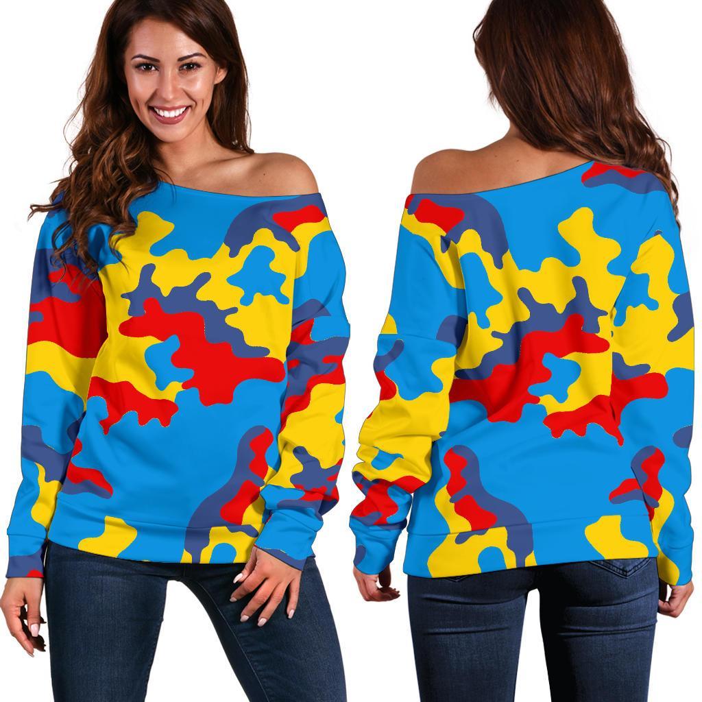 Red Yellow And Blue Camouflage Print Off Shoulder Sweatshirt GearFrost