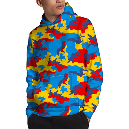 Red Yellow And Blue Camouflage Print Pullover Hoodie