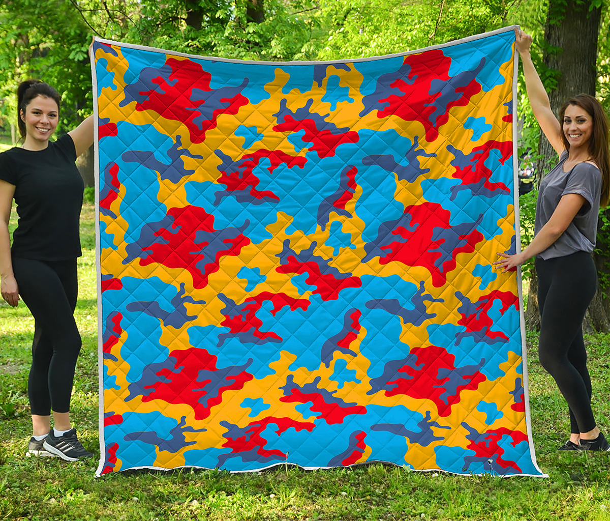 Red Yellow And Blue Camouflage Print Quilt