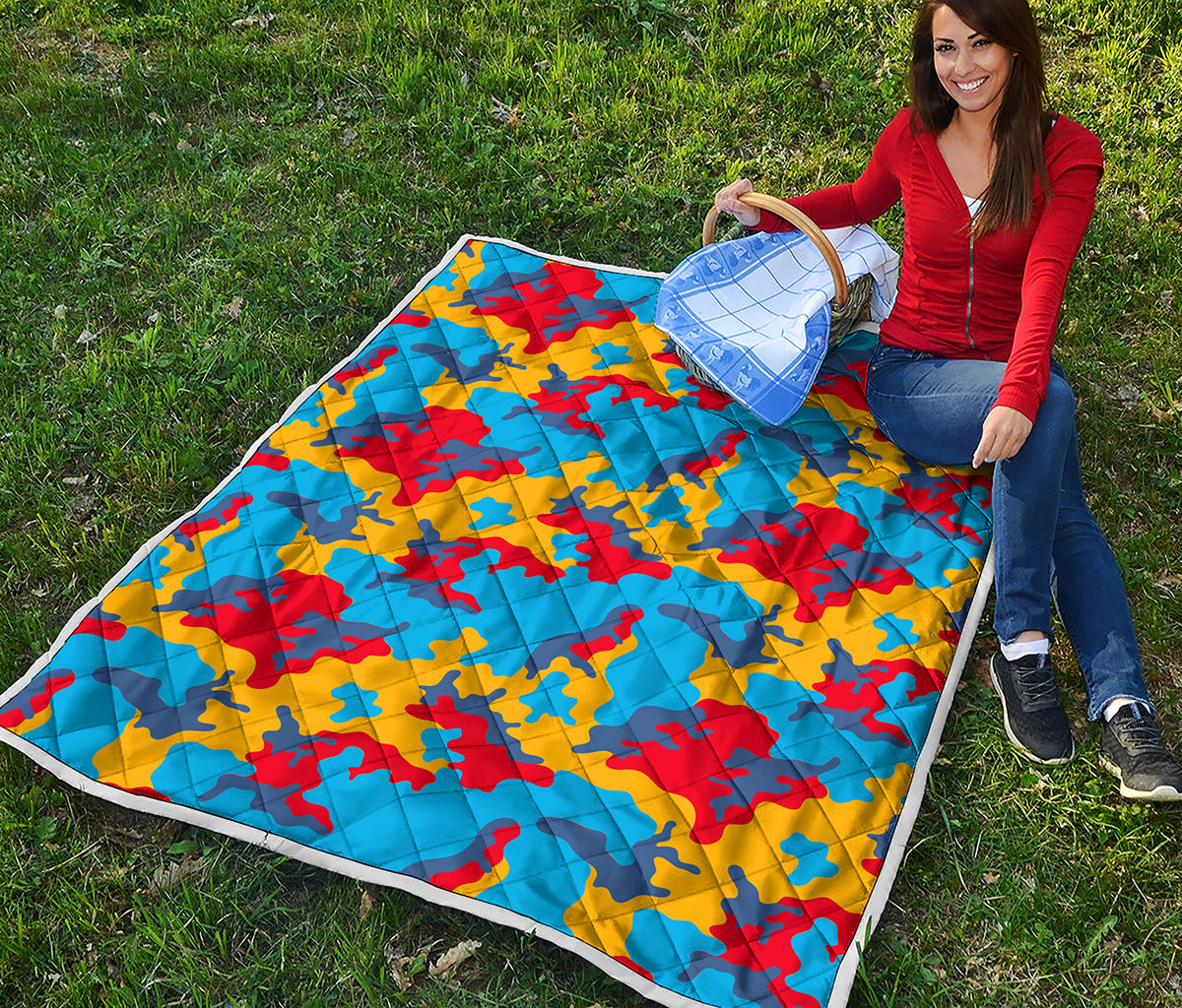Red Yellow And Blue Camouflage Print Quilt