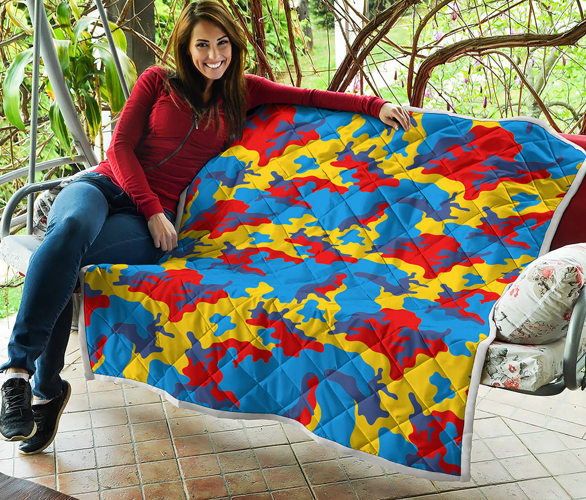 Red Yellow And Blue Camouflage Print Quilt