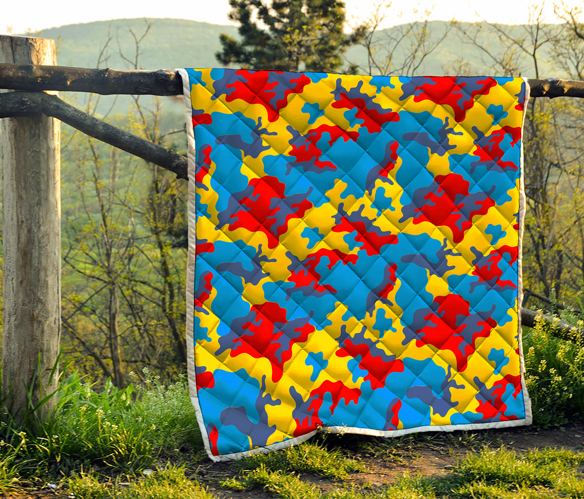 Red Yellow And Blue Camouflage Print Quilt