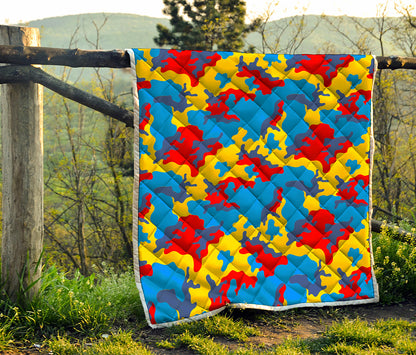 Red Yellow And Blue Camouflage Print Quilt