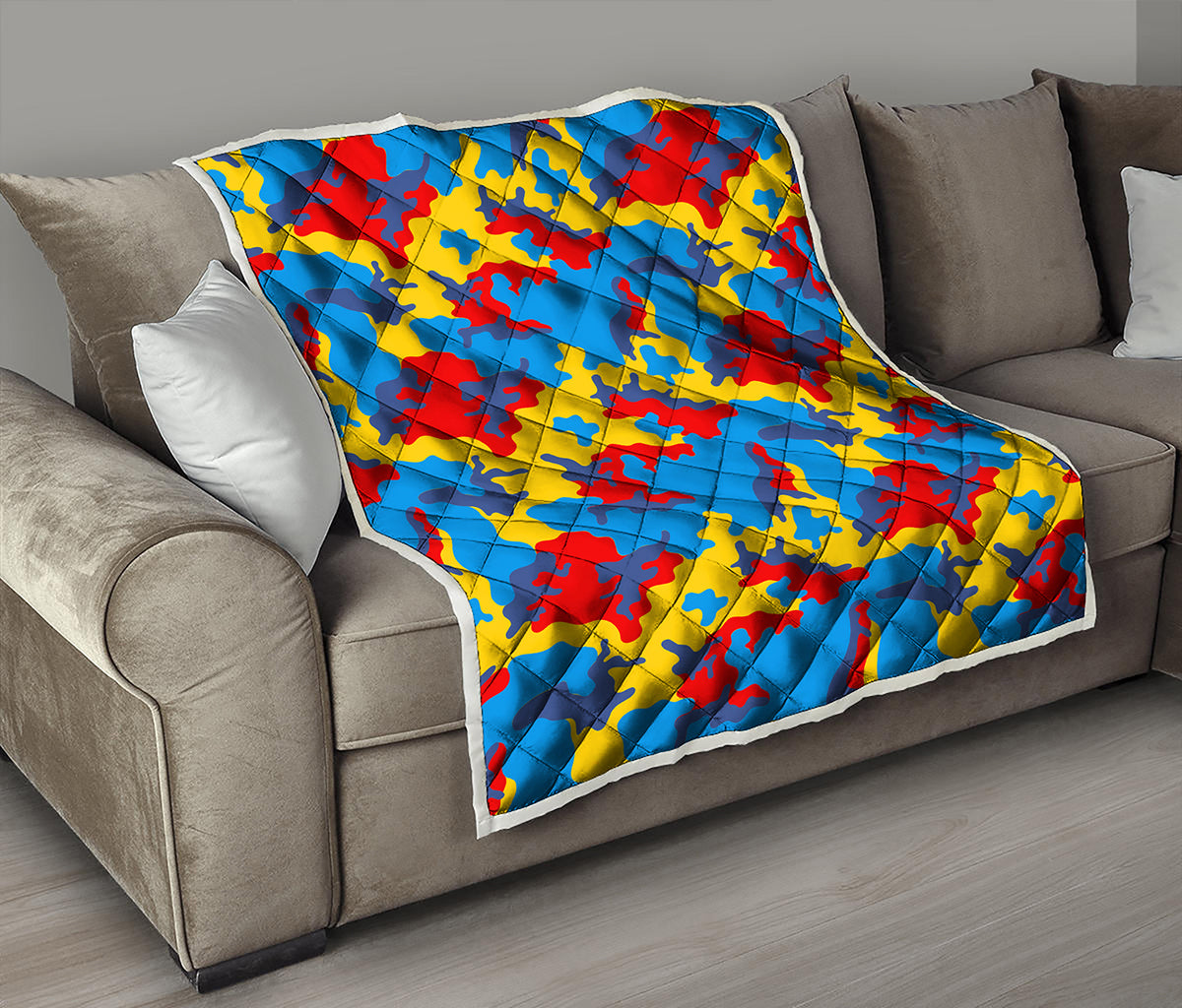Red Yellow And Blue Camouflage Print Quilt
