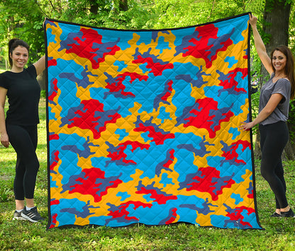 Red Yellow And Blue Camouflage Print Quilt