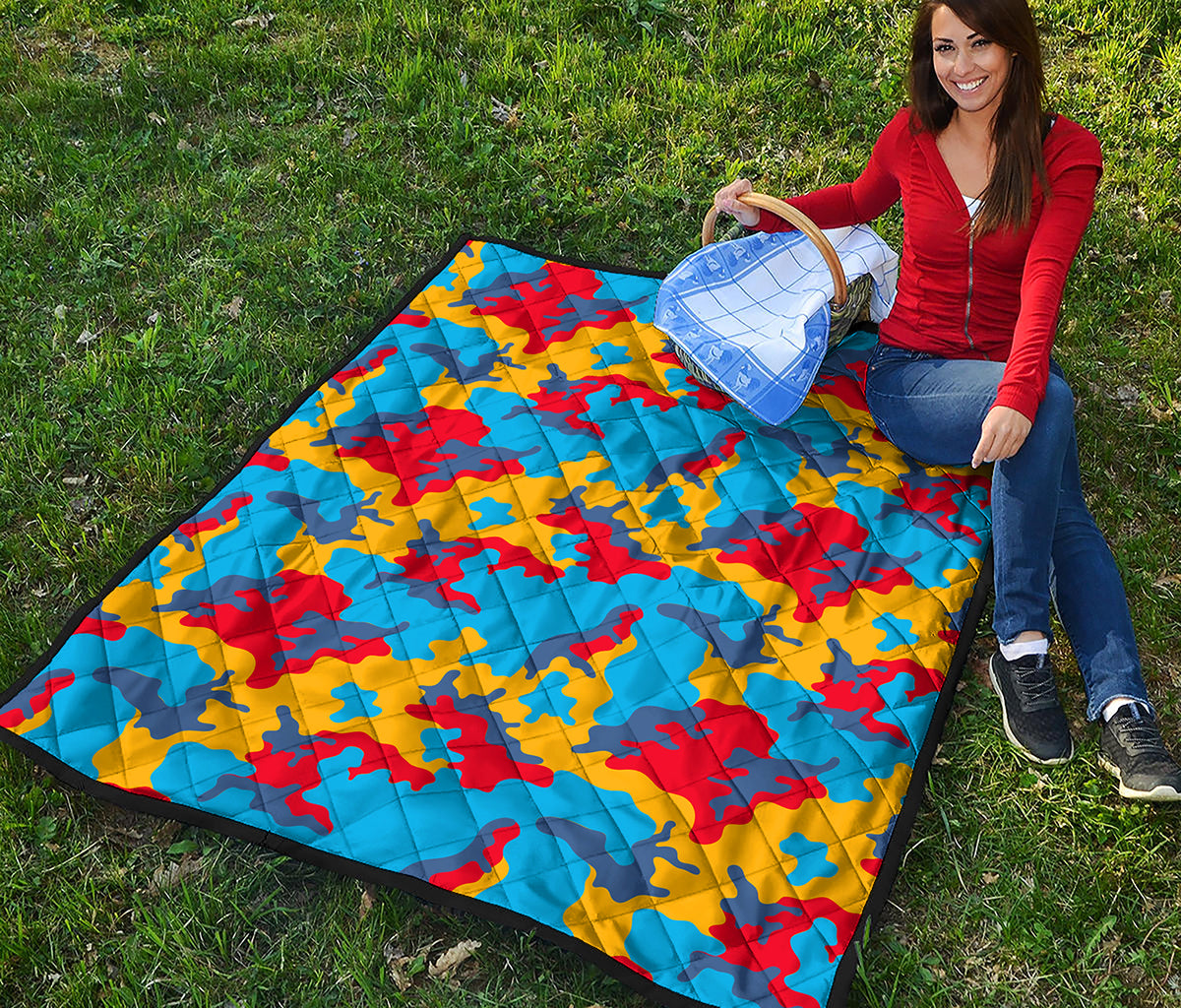 Red Yellow And Blue Camouflage Print Quilt