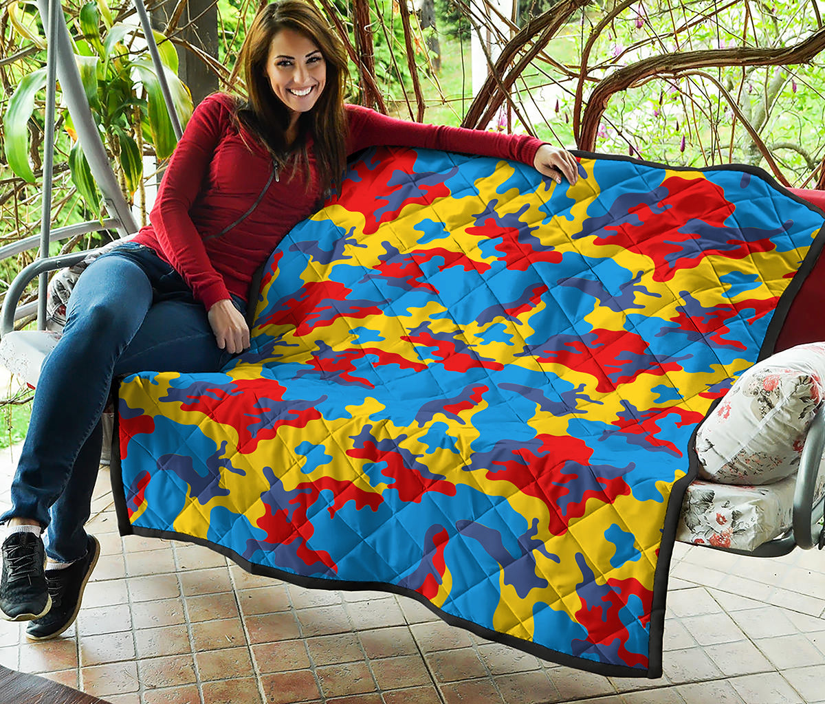 Red Yellow And Blue Camouflage Print Quilt