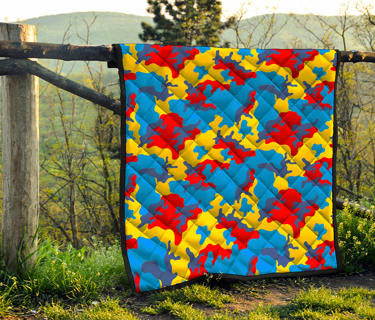 Red Yellow And Blue Camouflage Print Quilt
