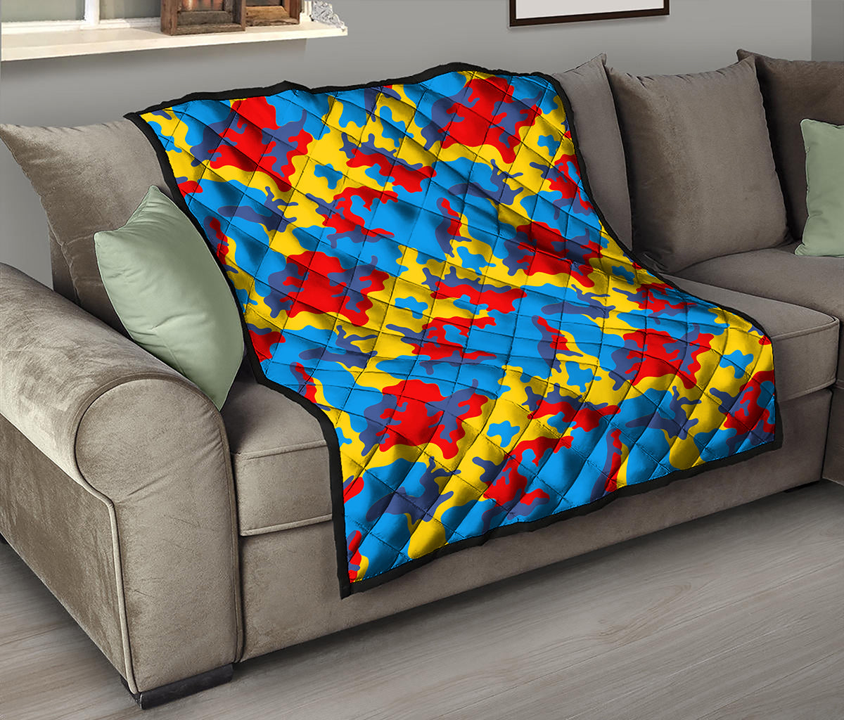 Red Yellow And Blue Camouflage Print Quilt