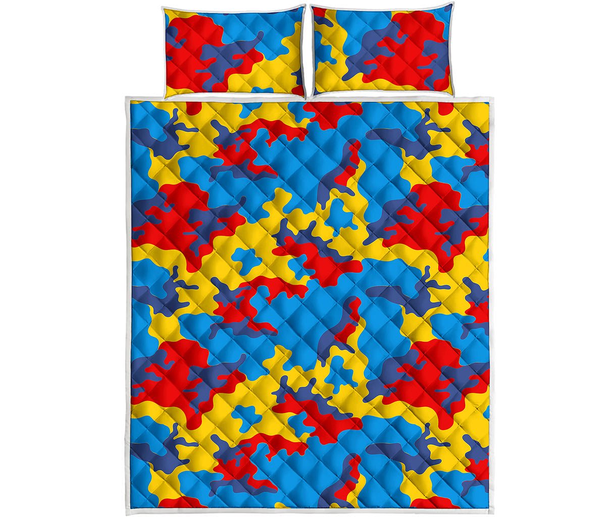 Red Yellow And Blue Camouflage Print Quilt Bed Set