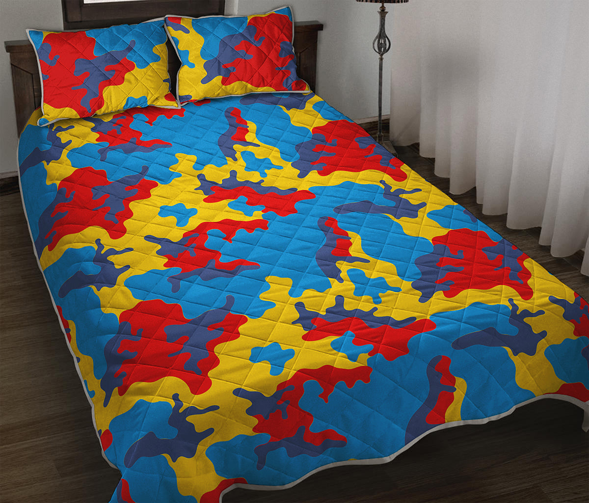 Red Yellow And Blue Camouflage Print Quilt Bed Set