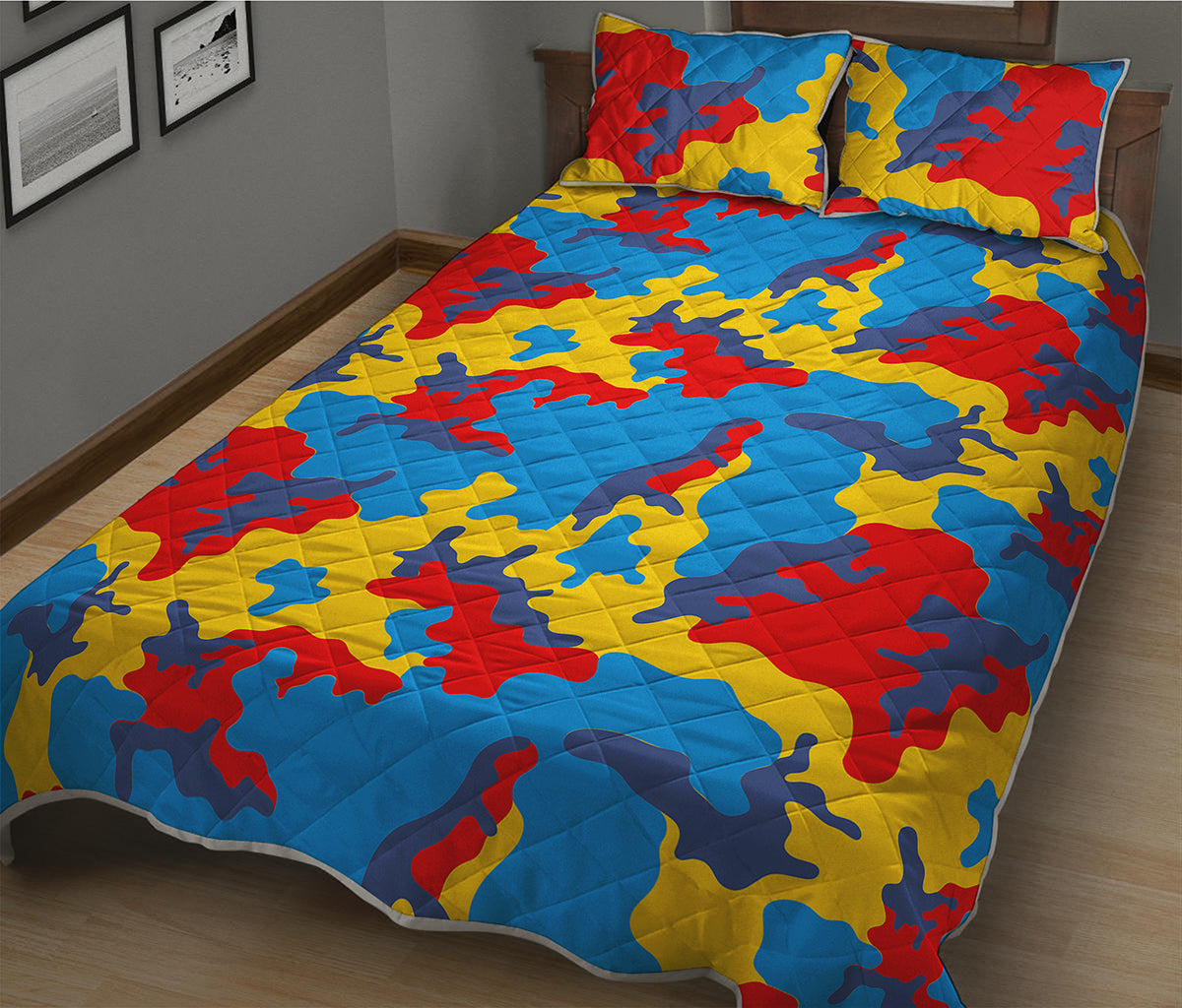 Red Yellow And Blue Camouflage Print Quilt Bed Set