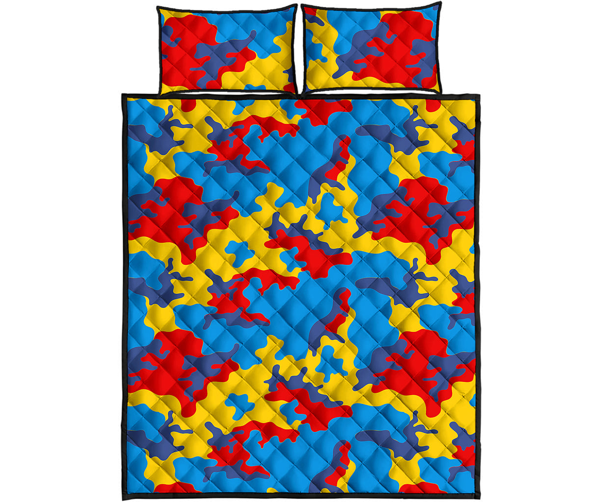 Red Yellow And Blue Camouflage Print Quilt Bed Set