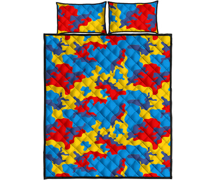 Red Yellow And Blue Camouflage Print Quilt Bed Set