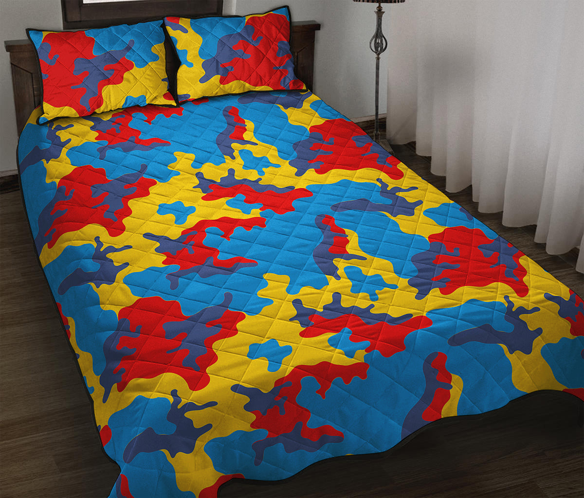 Red Yellow And Blue Camouflage Print Quilt Bed Set