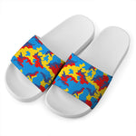 Red Yellow And Blue Camouflage Print White Slide Sandals