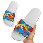 Red Yellow And Blue Camouflage Print White Slide Sandals